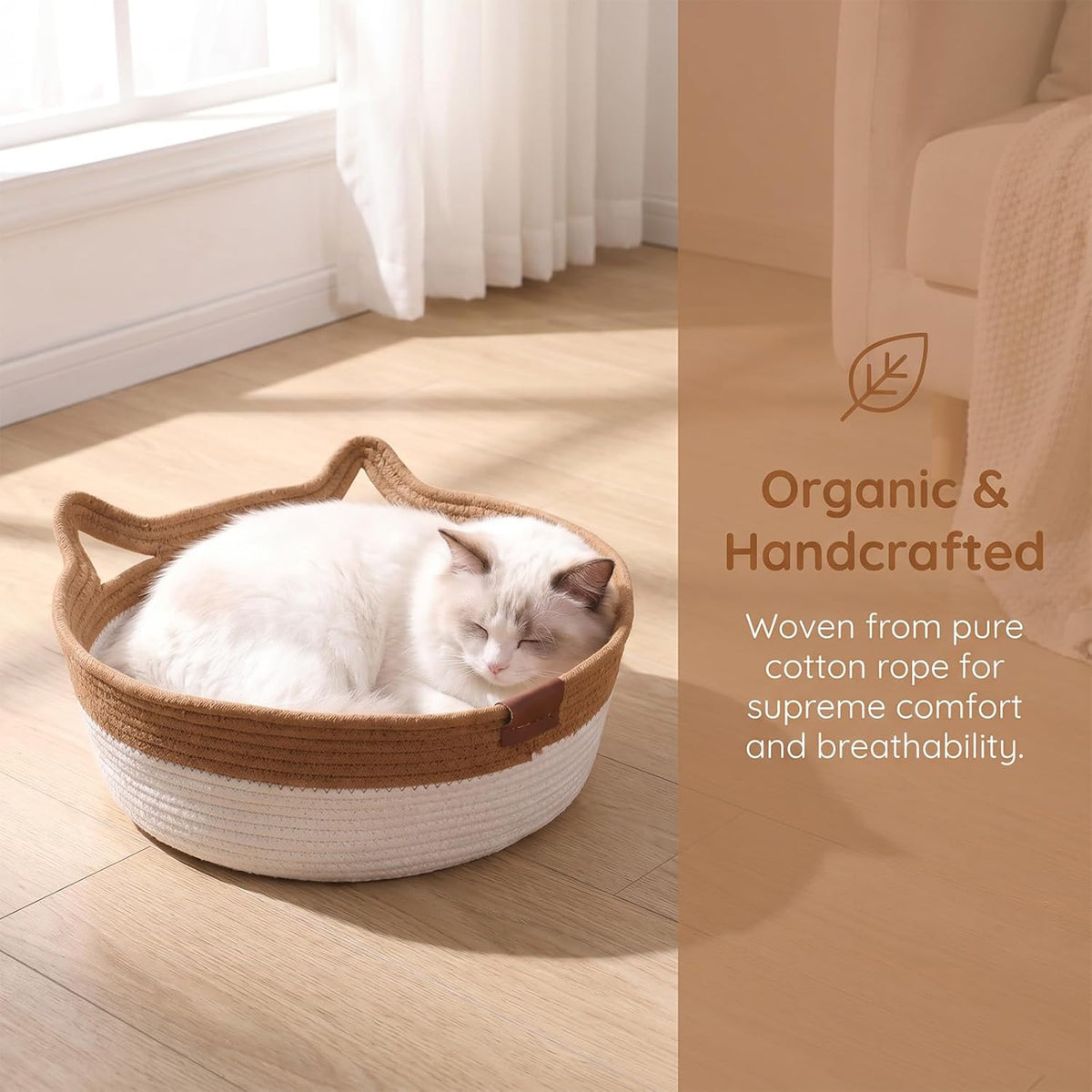 Hand-Woven cat Bed Basket with a Hanging Ball for Better Breathability (Caramel, Large)