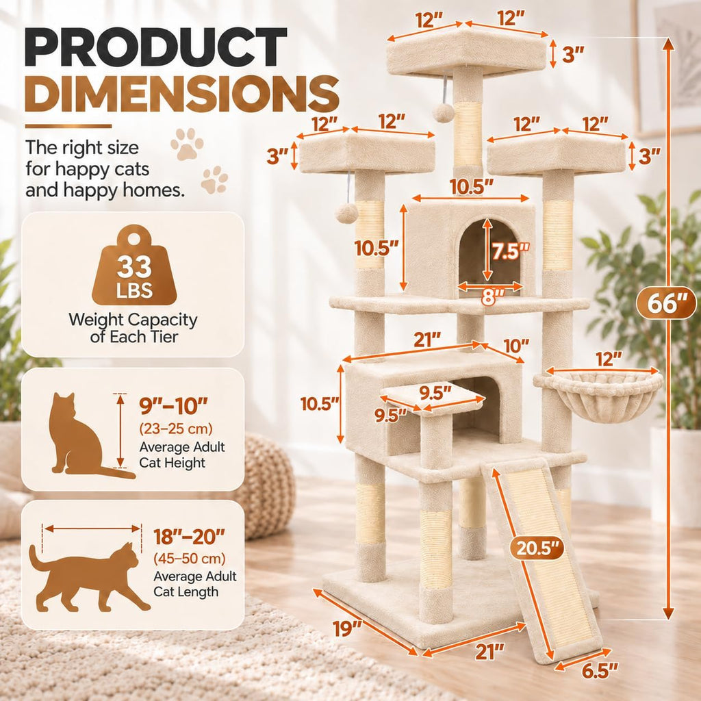 66" Tall Cat Tree Tower with Scratch Board, 3 Perches, Beige