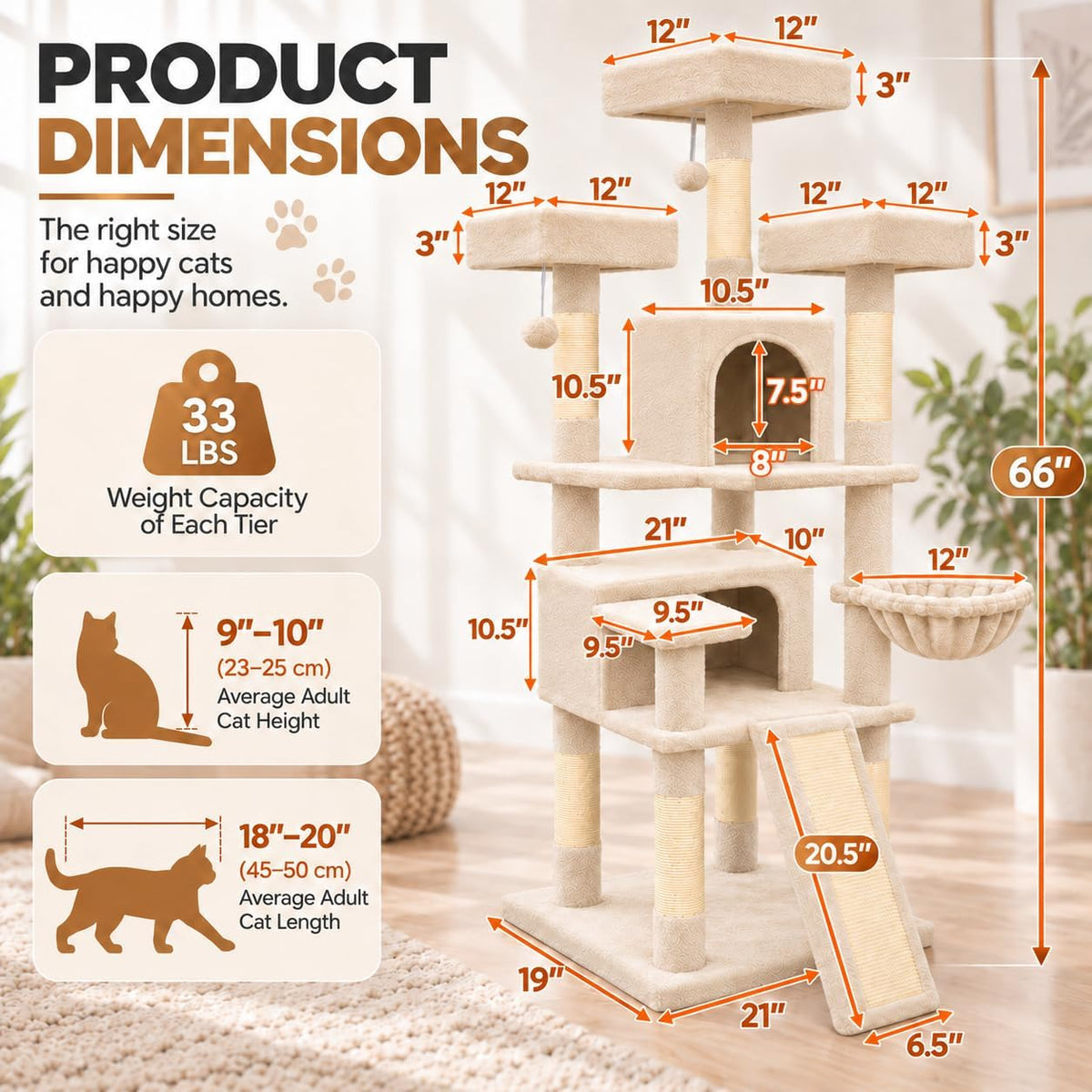 66" Tall Cat Tree Tower with Scratch Board, 3 Perches, Beige