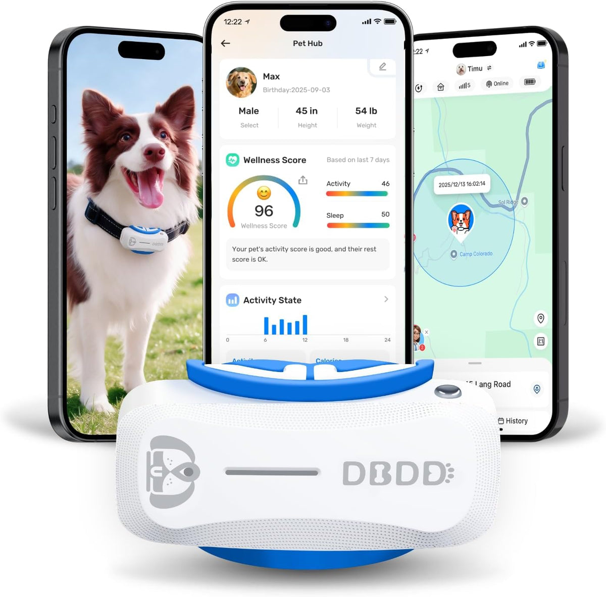 GPS Dog Tracker, Includes 40‑Day Subscription, IP67 Waterproof, White