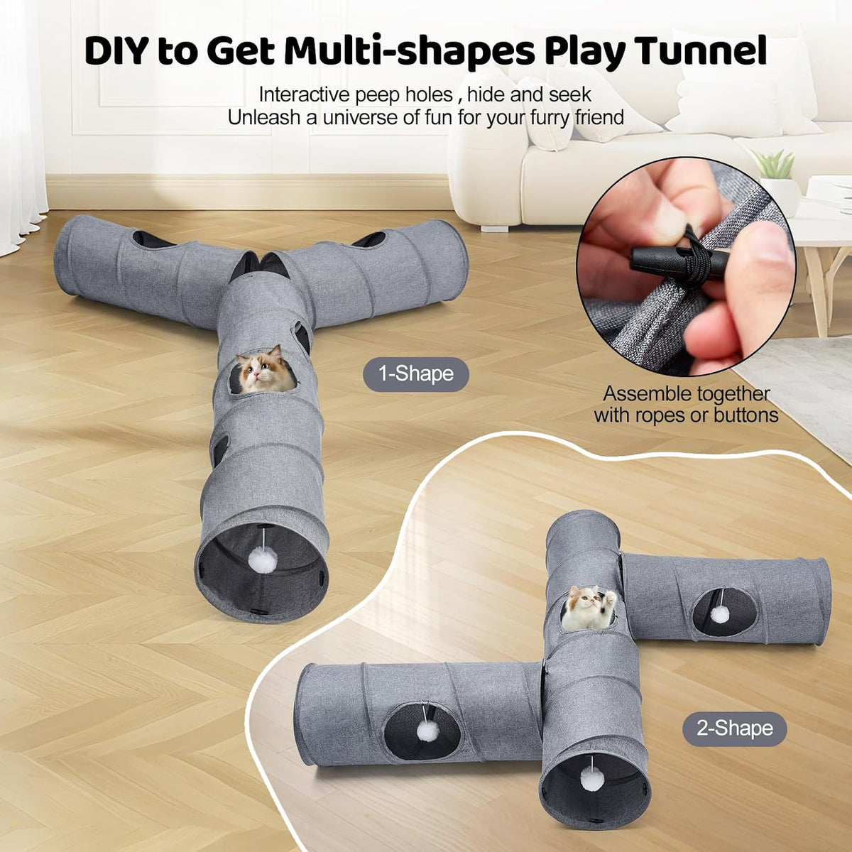 Cat Tunnel, 3 Straight Shaped Tunnels 6 DIY Shapes with Wand Toys, No Noise Scratch Resistant Cool Linen Fabric, Interac