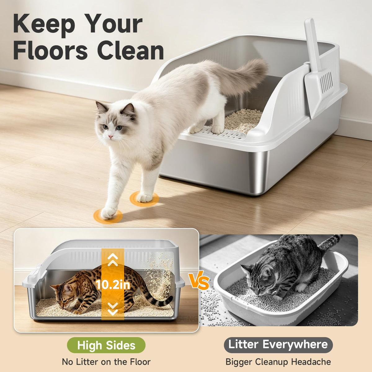 KISENG Stainless Steel Cat Litter Box, XL High Sides Litter Box, Light Grey