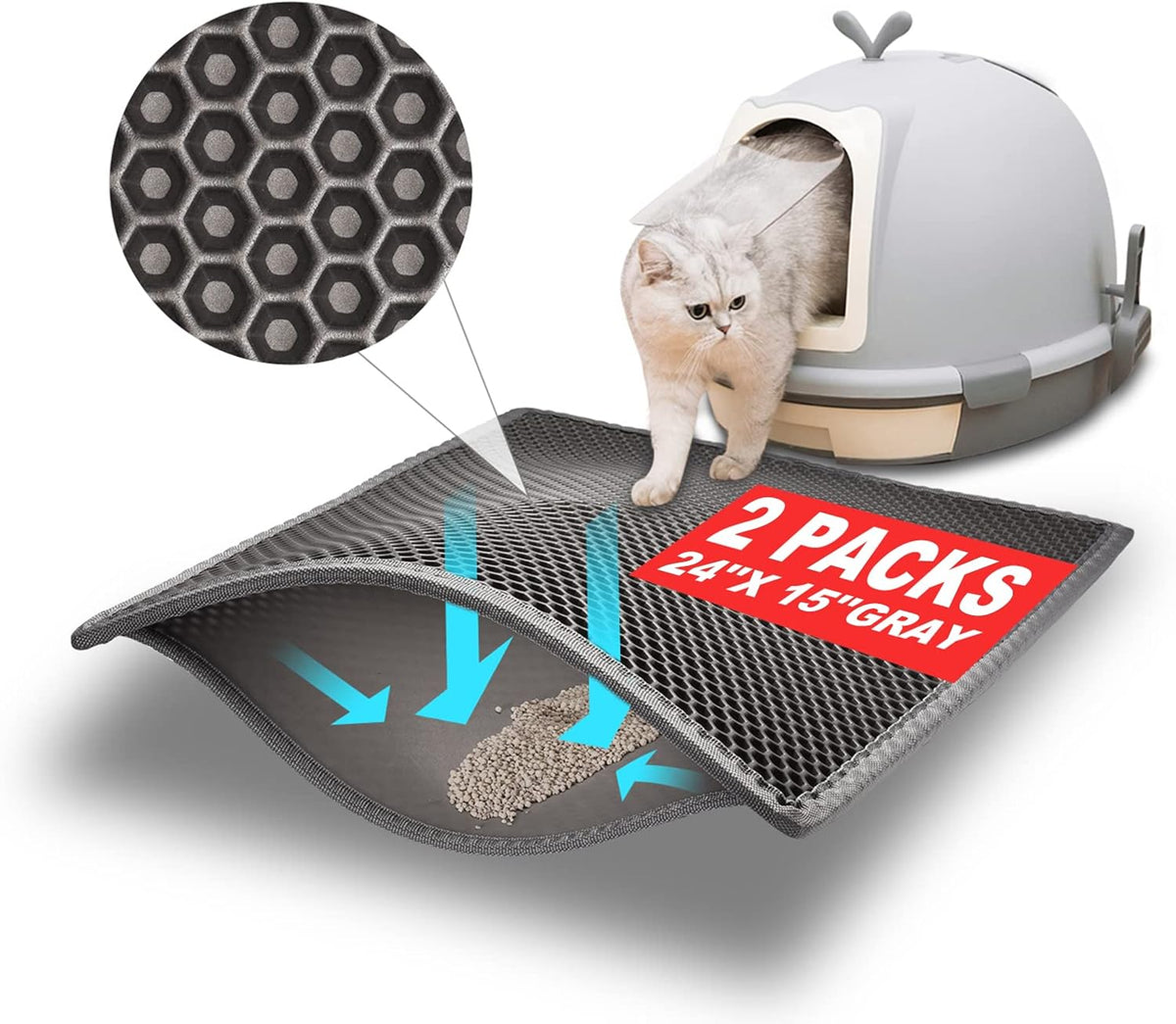 Pieviev 2 Packs Cat Litter Mat Double Layer Waterproof Urine Proof Trapping Mat (30''X24'', Gray)