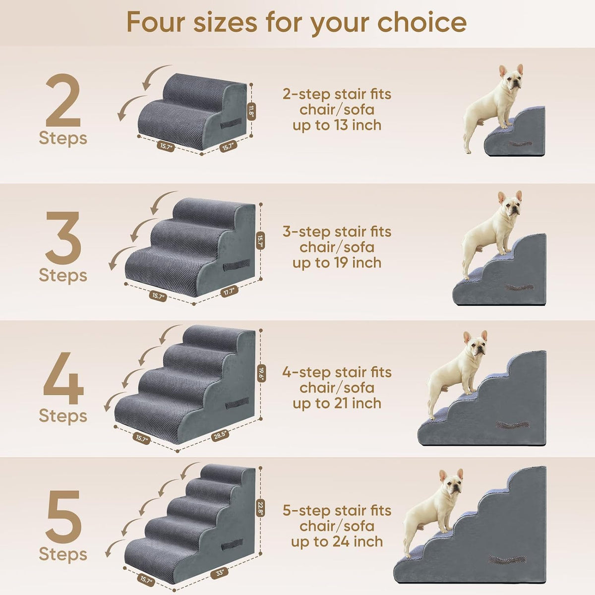PAWSCRAT 4-Step Pet Stairs for High Beds & Sofas, 19.6''H Dog Stairs, Grey