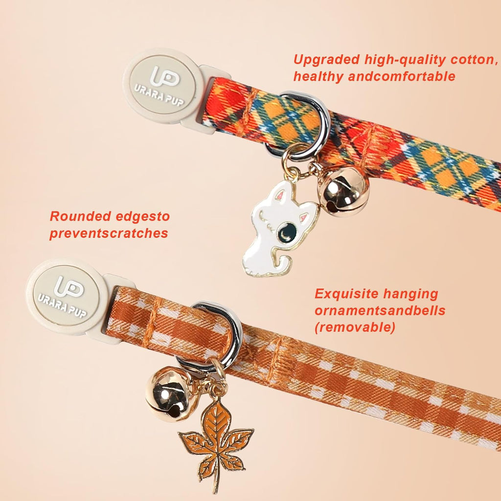Cat Collar-2Pack Autumn Orange Plaid Kitten Collars-Halloween Plaid Breakaway Kitty Collars-Cute Kitty Pendants,Yellow O