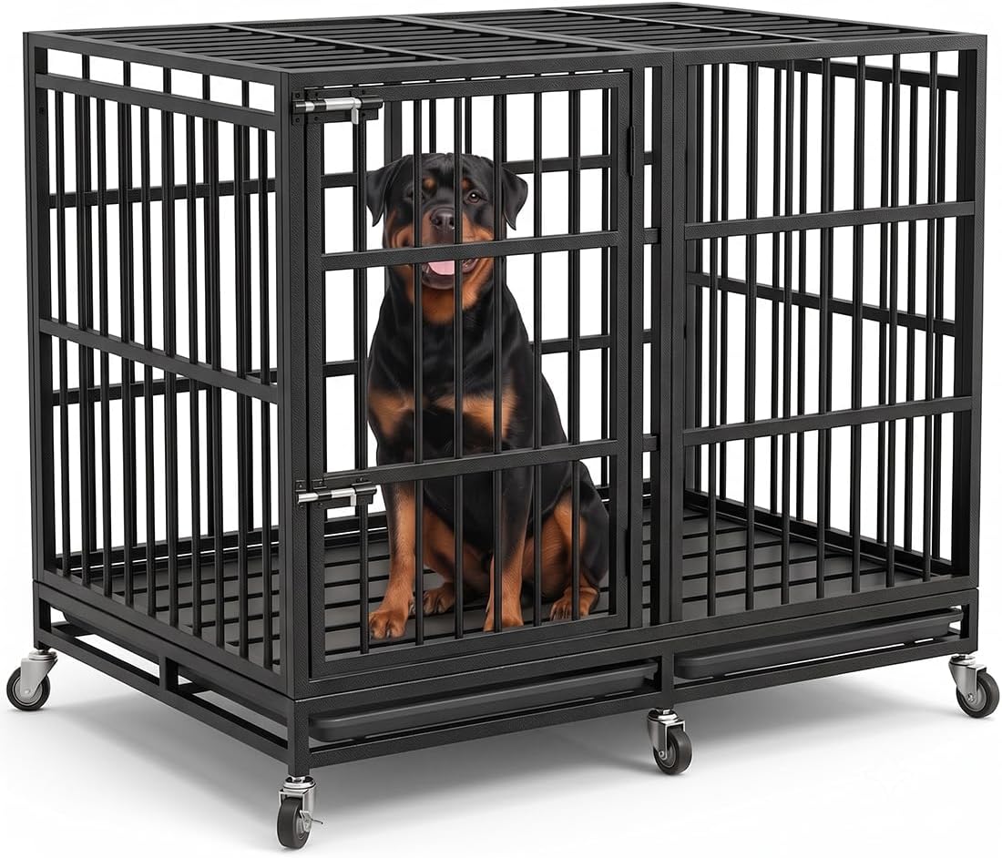 KOKOTANGS 48 Inch Heavy Duty Dog Crate Cage with Wheels, Indestructible and Escape Proof Steel Kennel Indoor for High An