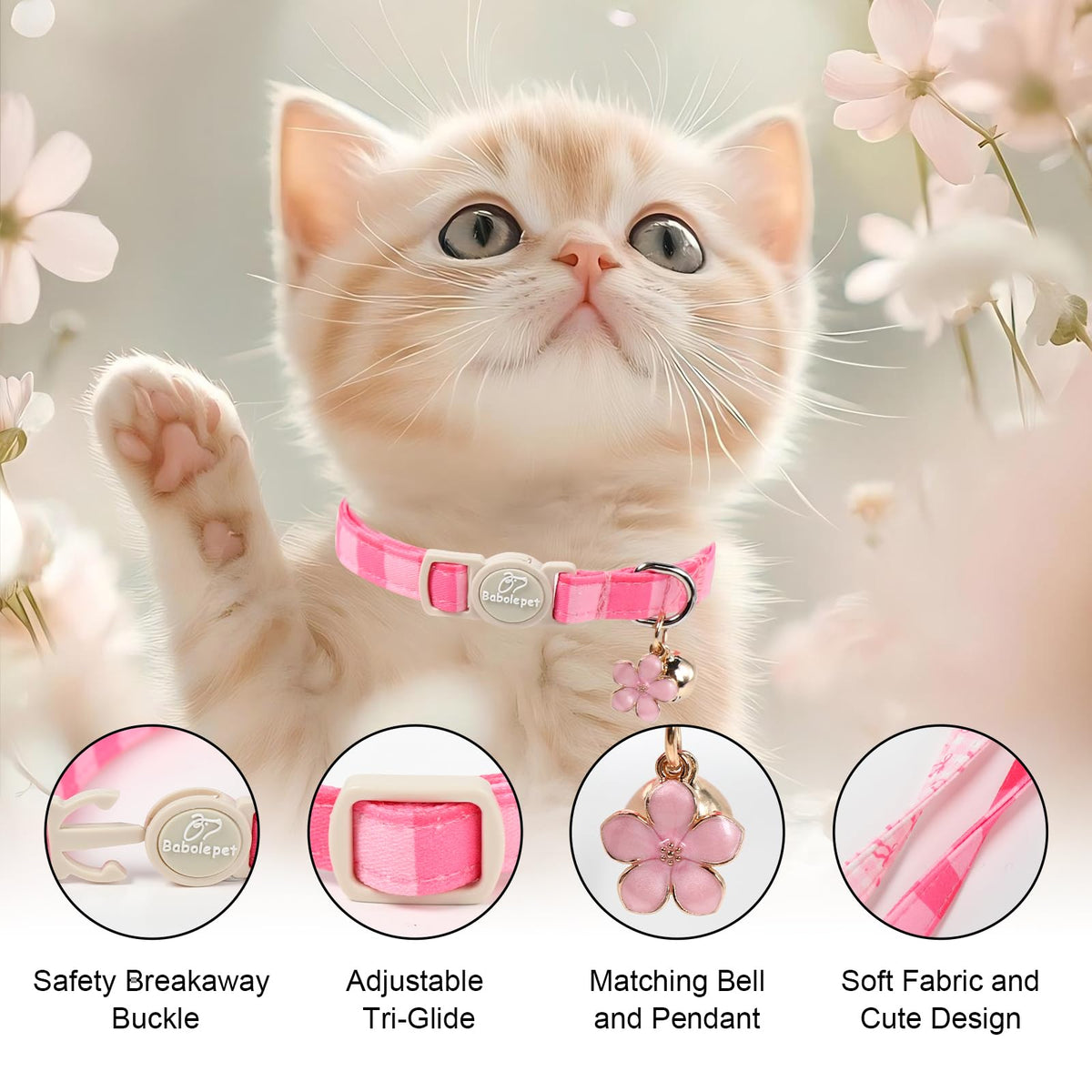 Babole Pet 2 Pack Pink Cat Collars - Spring Summer Breakaway Cat Collar with Bell, Bow and Flower Pendant, Adjustable Kitten Collars for Girl Cats, Cute Pink Plaid &Bow