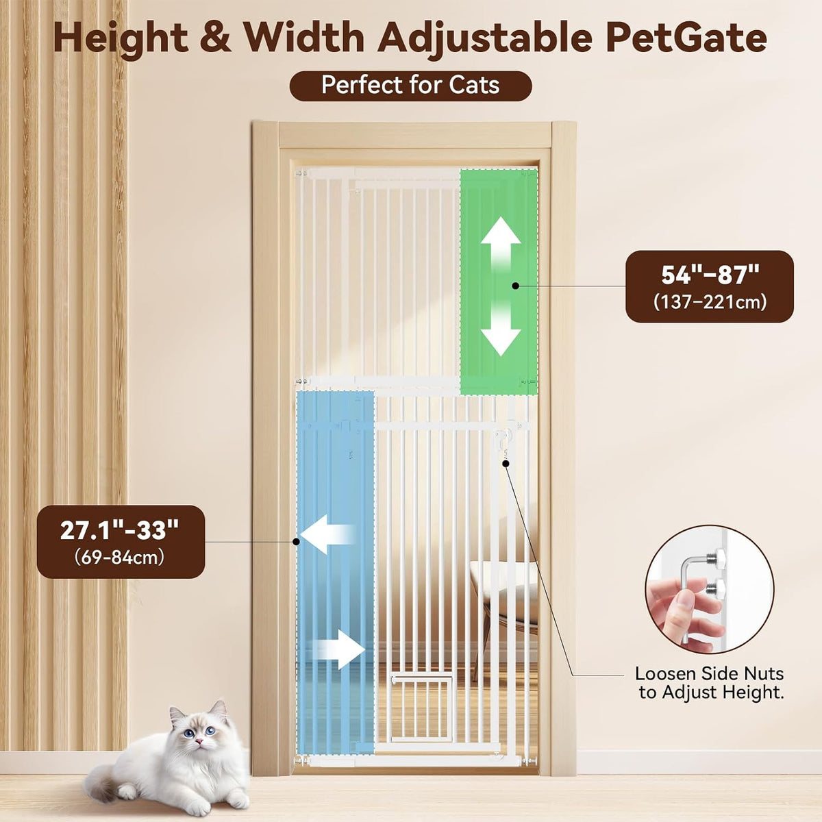 54"-87" Height Adjustable Extra Tall Cat Gate for Doorway, 27.1"-33" Wide Pet Gate with Cat Door & Extension Kits, Press