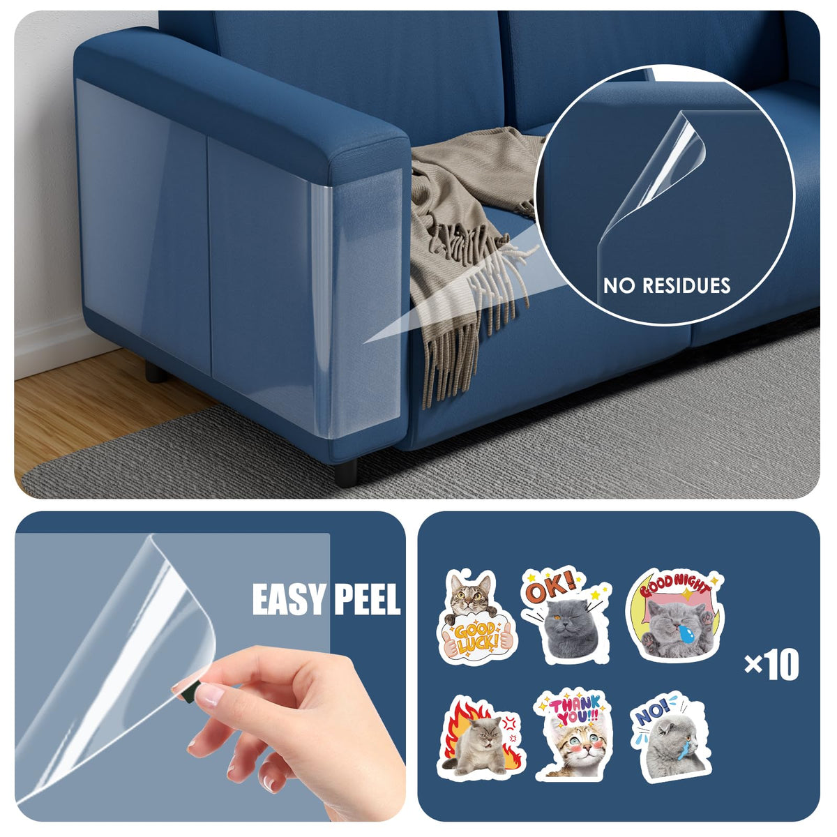 NO PINS Pain Cat Scratch Furniture Protector-12 Pack Thicken Self-Adhesive Single Side Couch Protector from Cat Claws,Furniture Protectors from Cats Scratching,Anti Scratch Deterren Protectors (12PC)
