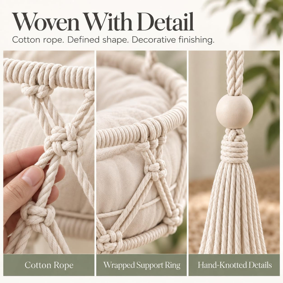 Macrame Cat Bed Hanging, Boho Hammock with Cushion for Indoor Cats (C,Diameter 50 cm)