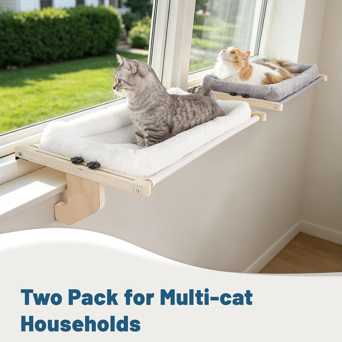 Cat Sill Window Perch - 100% Natural Pine Frame, Plush Fleece Cushion, Tool-Free Adjustment, Supports 55 lbs (Extra Larg