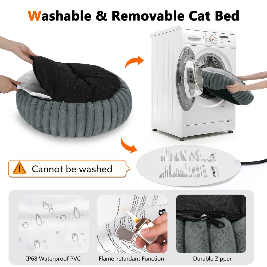 INVENHO Heated Cat Beds for Indoor Cats and Small Dogs, 20" Cozy Donut Heated Pet Bed with Timer & Temp Adjustable, Removable Waterproof Electric Warming Bed for Indoor Cat