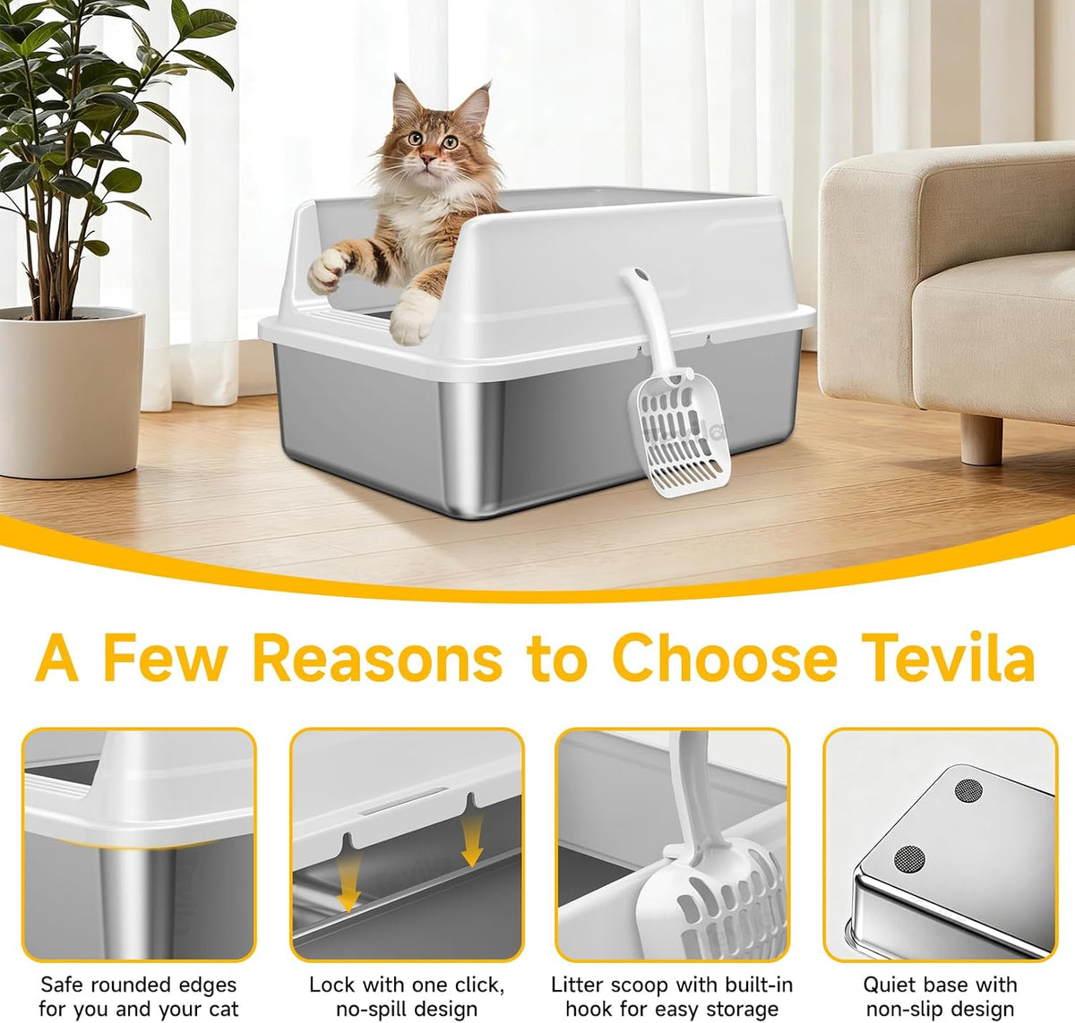 Stainless Steel Litter Box with Scoop,Small Metal Pan for Cats, Light Gray