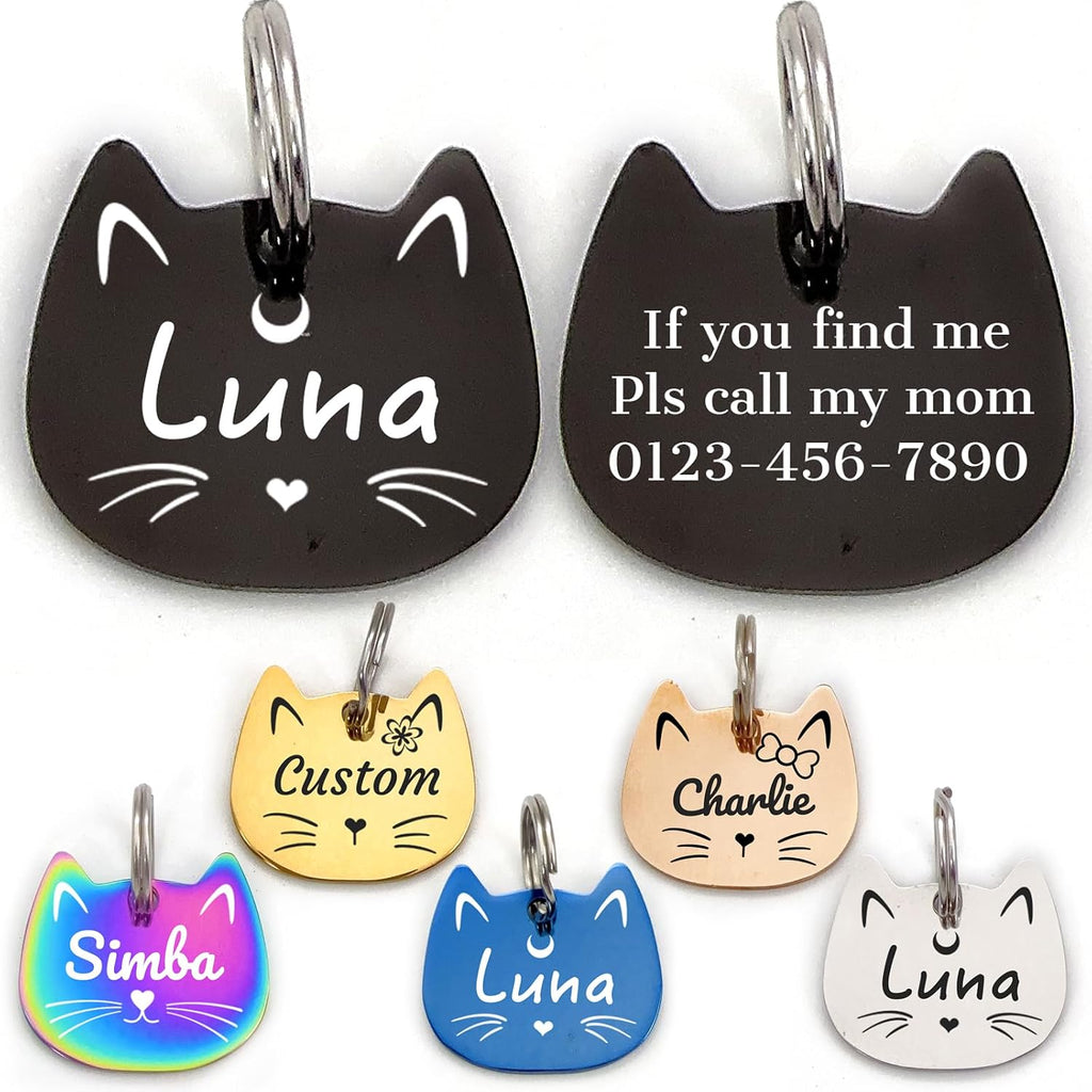 Personalized Cat Head ID Tag, Stainless Steel Engraved Pet Name Tag