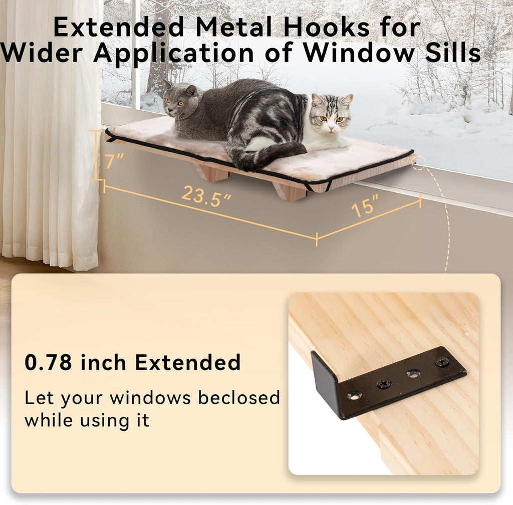 PETSFIT Cat Window Perch for 2 Cats, Adjustable, Solid Wood, Removable Mat