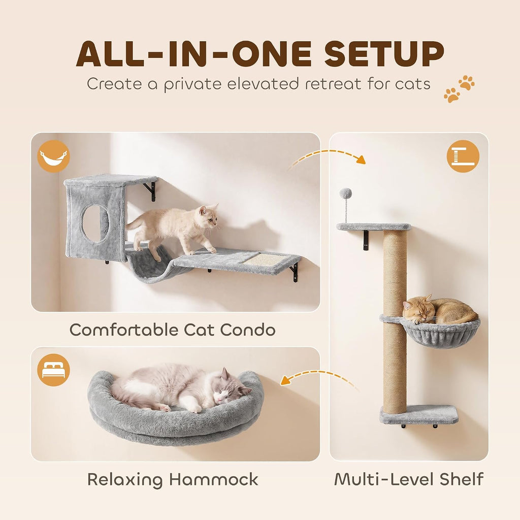 PawHut 3-in-1 Cat Wall Shelves, Wooden Cat Climbing Furniture, Gray
