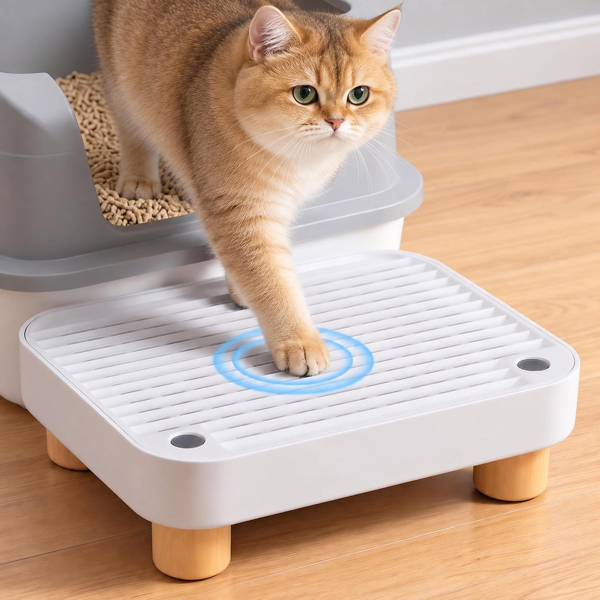 Litter Box Step, Litter Box Ramp/Catcher with Wooden Base, Anti-Tracking & Easy to Clean, Ideal for Small & Elderly Cats