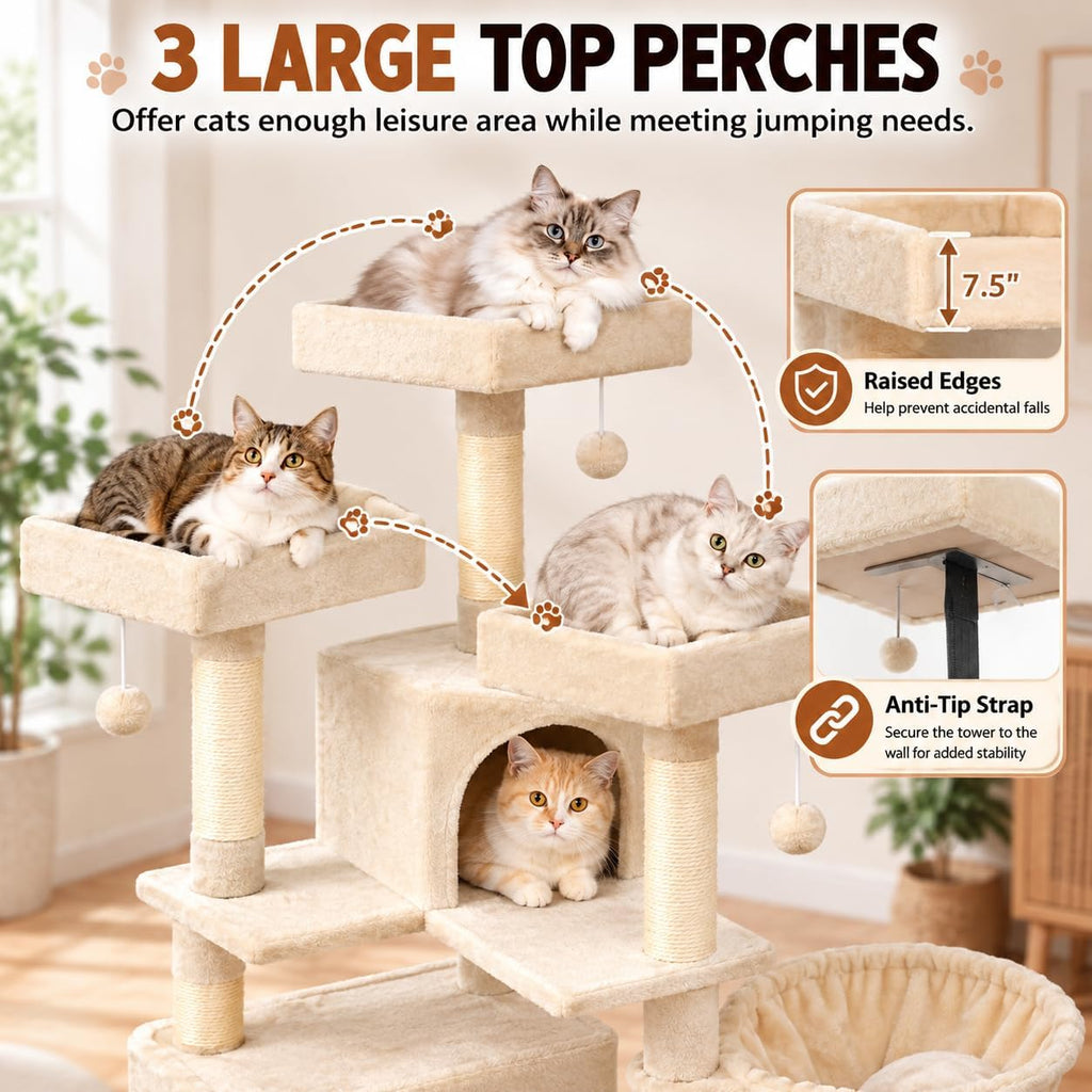 66" Tall Cat Tree Tower with Scratch Board, 3 Perches, Beige