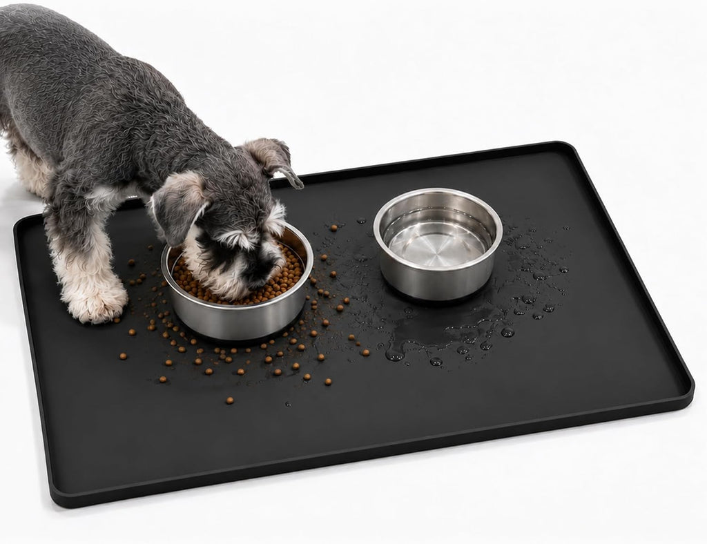 Silicone Pet Feeding Mat, Waterproof Surface and Raised Edges - 16" X 24", Black