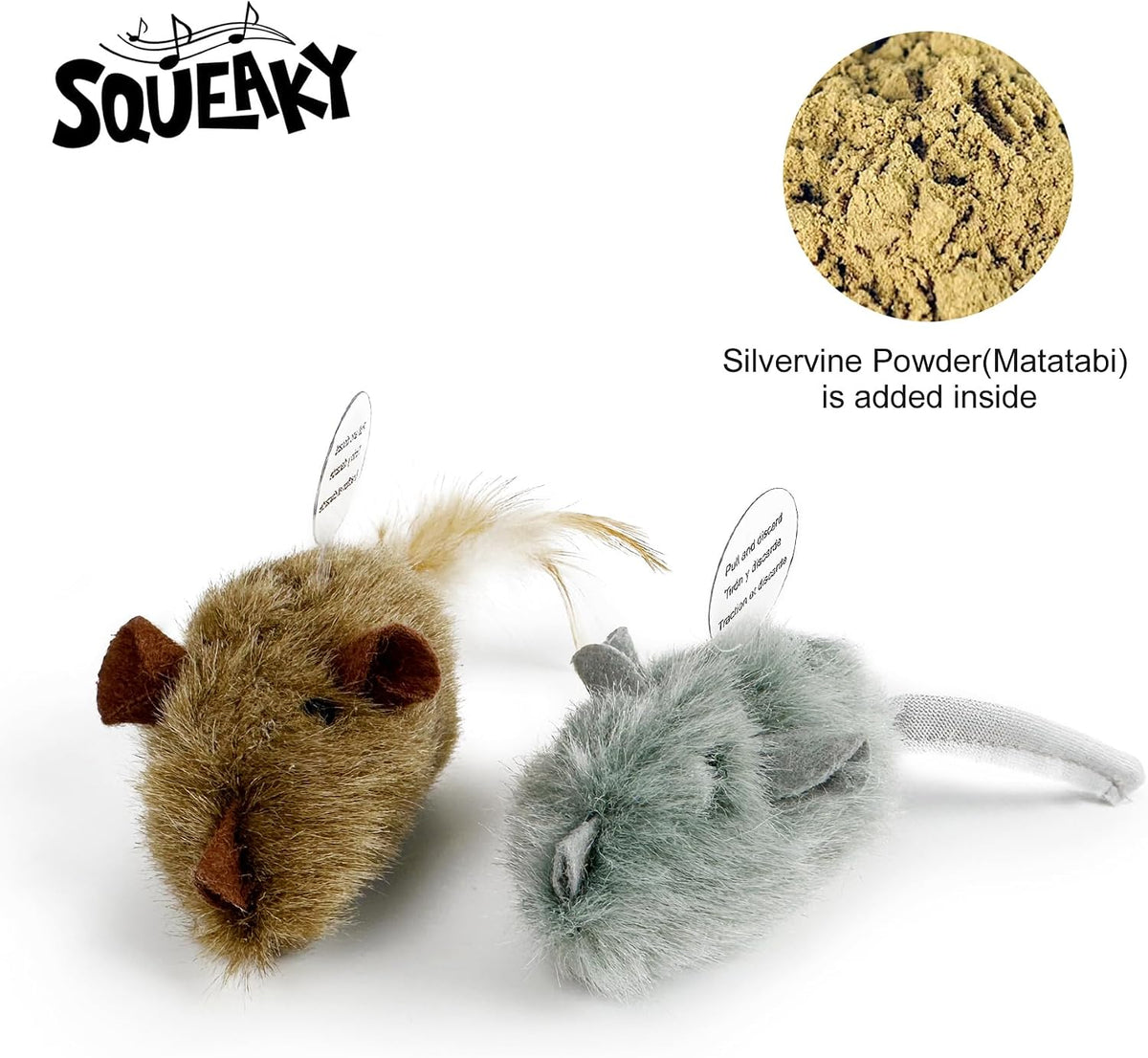 TTcat 2 Pack Squeaky Furry Mouse Cat Toys with Silvervine, Realistic Fluffy Mice Kitten Interactive Hunting Toy, Noise-M