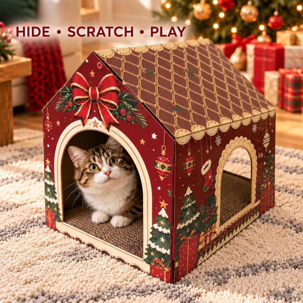 Christmas Cardboard Cat House: 2 Entrances, 2 Windows, Reversible Scratcher