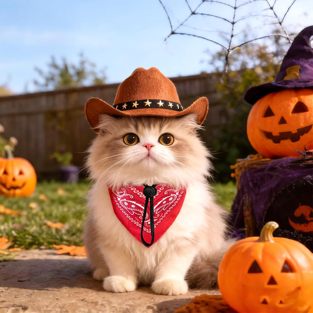 Pet Cowboy Costume, Dog Cowboy Hat with Bandana Scarf, Adjustable Cat Cowboy Hat for Party Cosplay Christmas, Halloween 