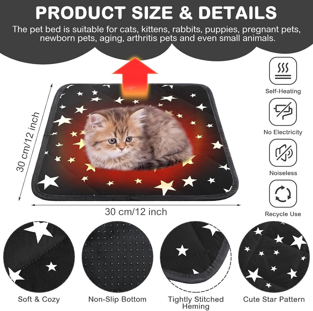 Self Heating Cat Bed Mat Self Warming Pad, Black, 12 x 12 x 0.4 Inch