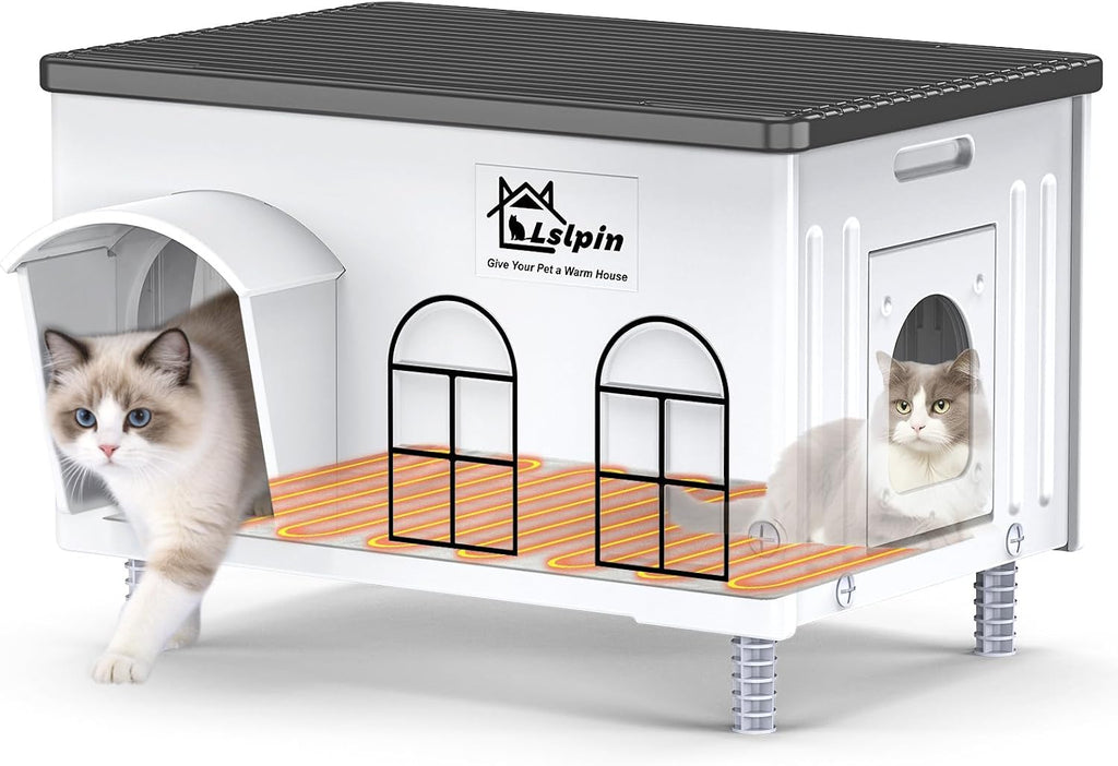 Heated Cat House for Outside Cats in Winter, Indestructible Heated Outdoor Cat House Weatherproof with Elevated Feet & E