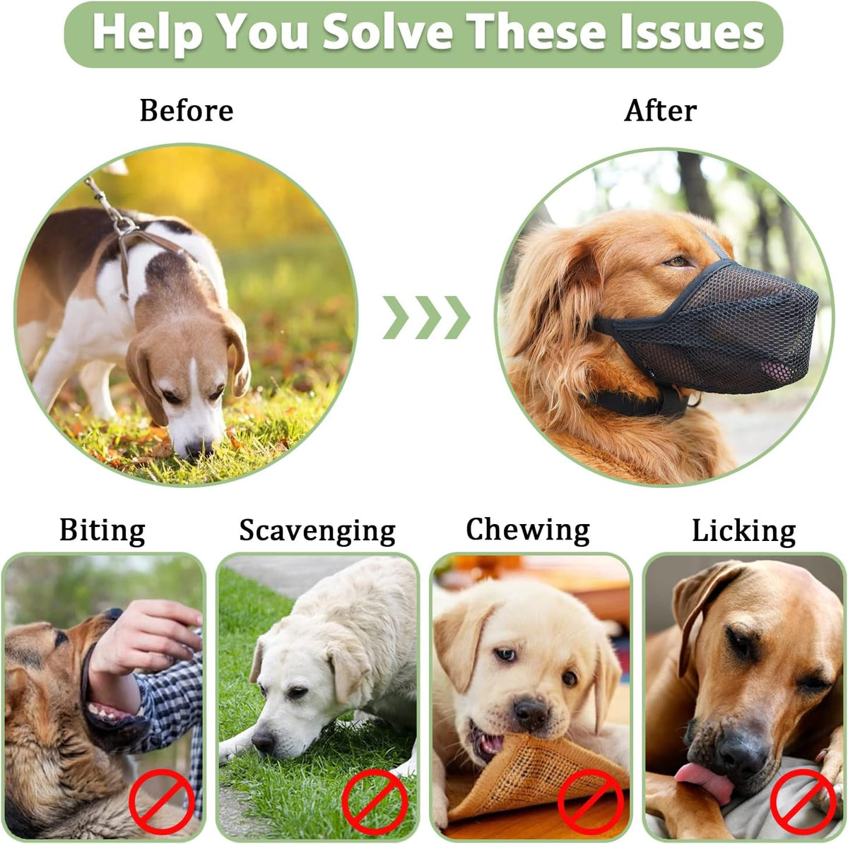 Dog Muzzle, Patented Soft Mesh Muzzle for Scavenging | Black, L