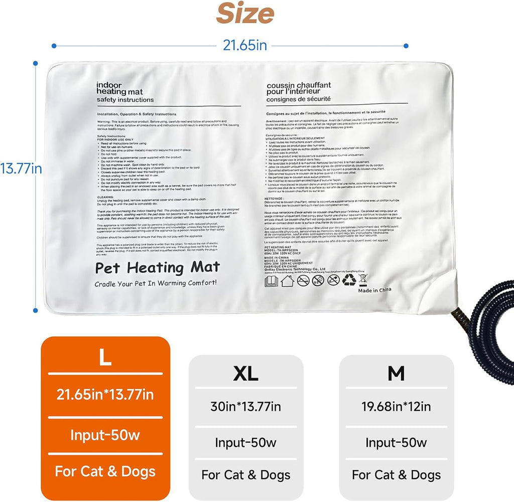 Cat Heating Pad for Bed Wamming: Electric 21.65"x13.77" Heated Cozy Mat with Removable Washable Cover Indoor Pet House P