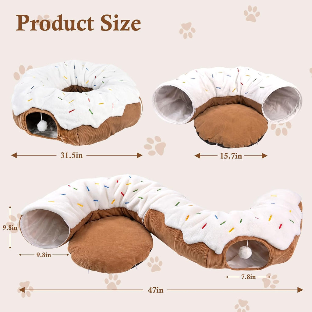 Donut Cat Bed Tunnel for Indoor Cats with Hanging Pom Pom Toy