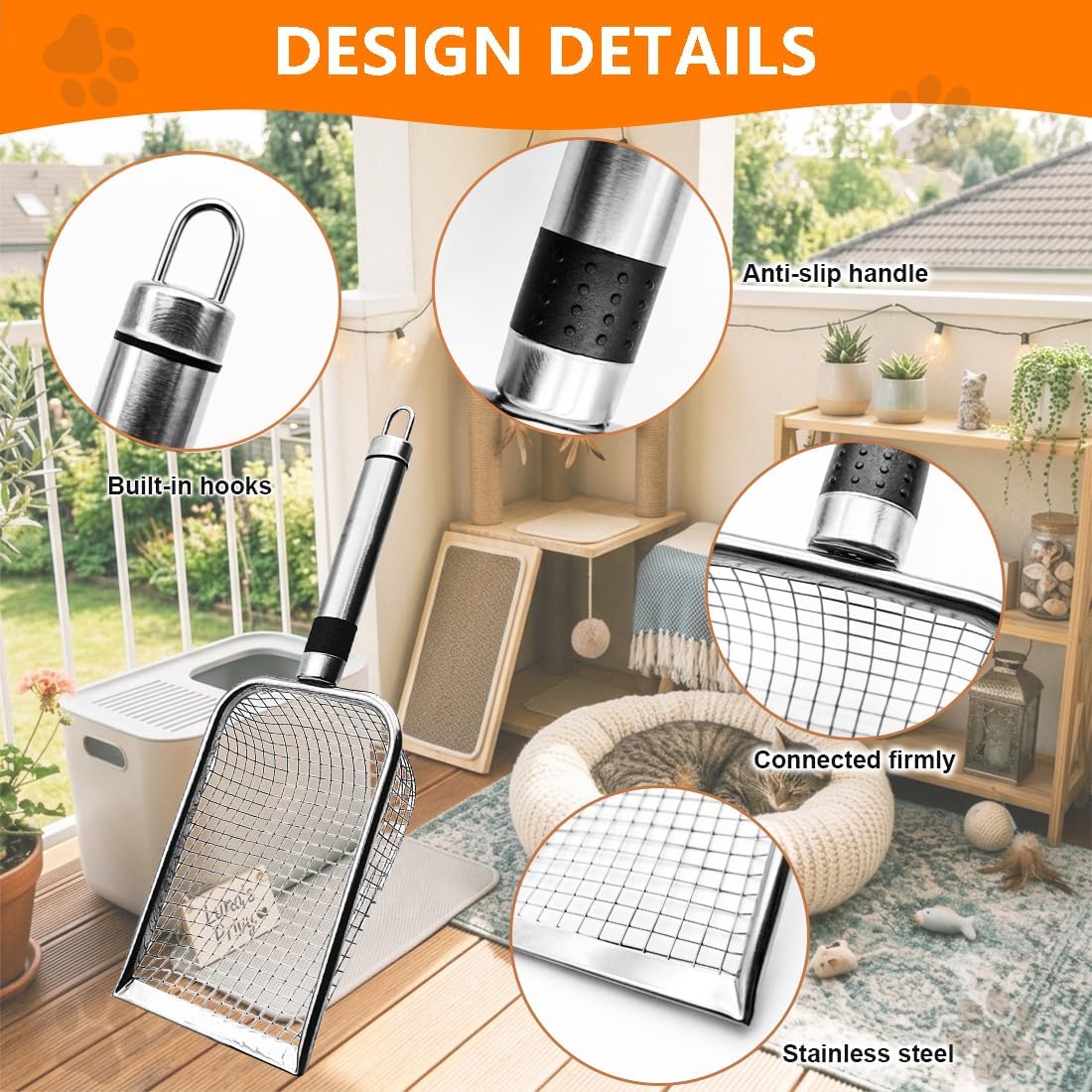 Cat Litter Scoop 2 Pack, Stainless Steel Handle, 3.8mm & 5mm Mesh Sifter