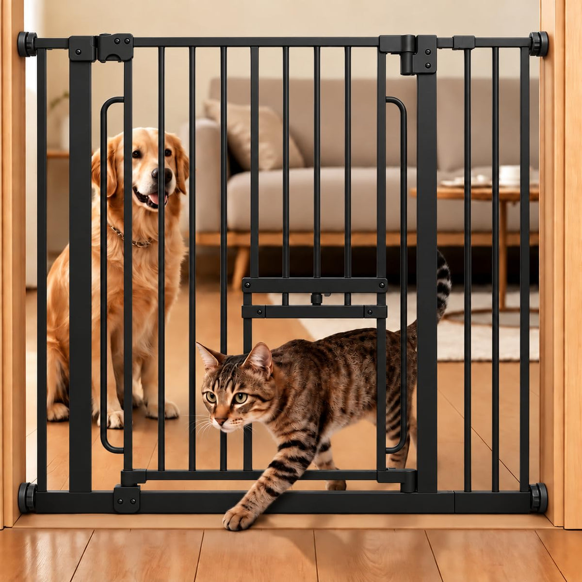 FuzzyNest Dog Gate with Adjustable Cat Door, 29.5-37 in Wide, Black