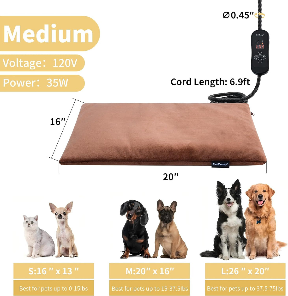 Dog Heating Pad, Heated Cat&Dog Bed, 5 Temps & Timer, Safety Listed, Brown