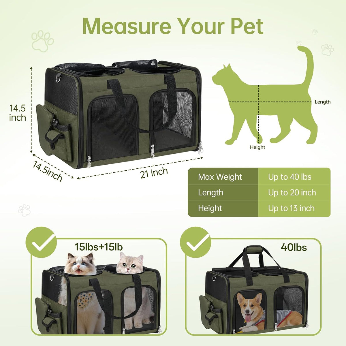 Cat Carrier for 2 Cats Double Pet Carrier Extra Large Green 2026 Upgraded
