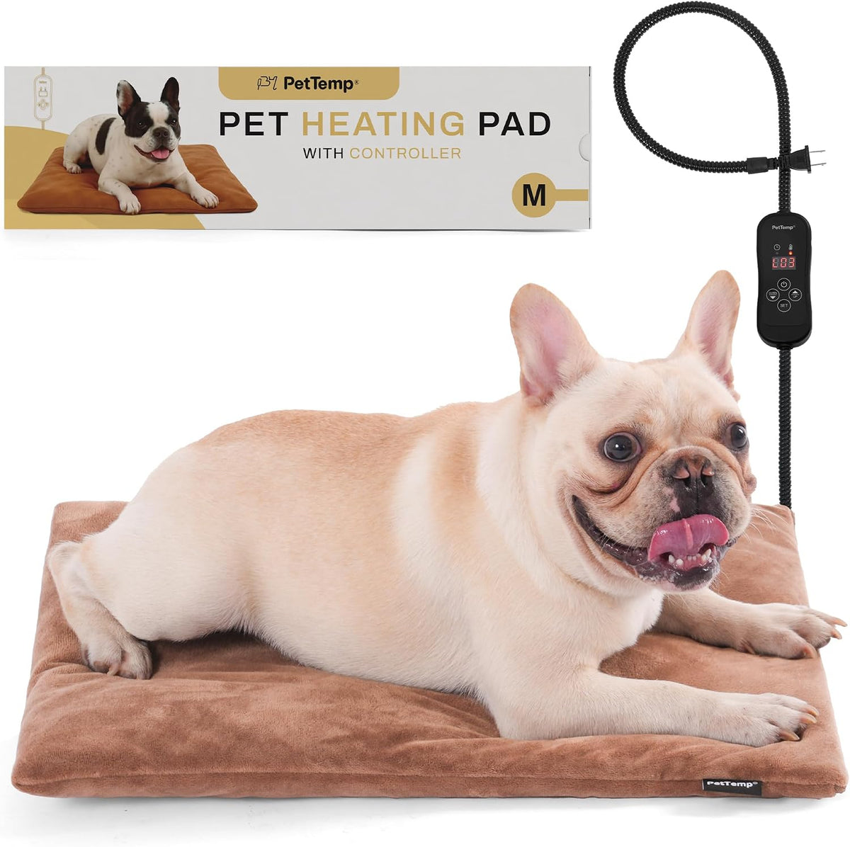 Dog Heating Pad, Heated Cat&Dog Bed, 5 Temps & Timer, Safety Listed, Brown