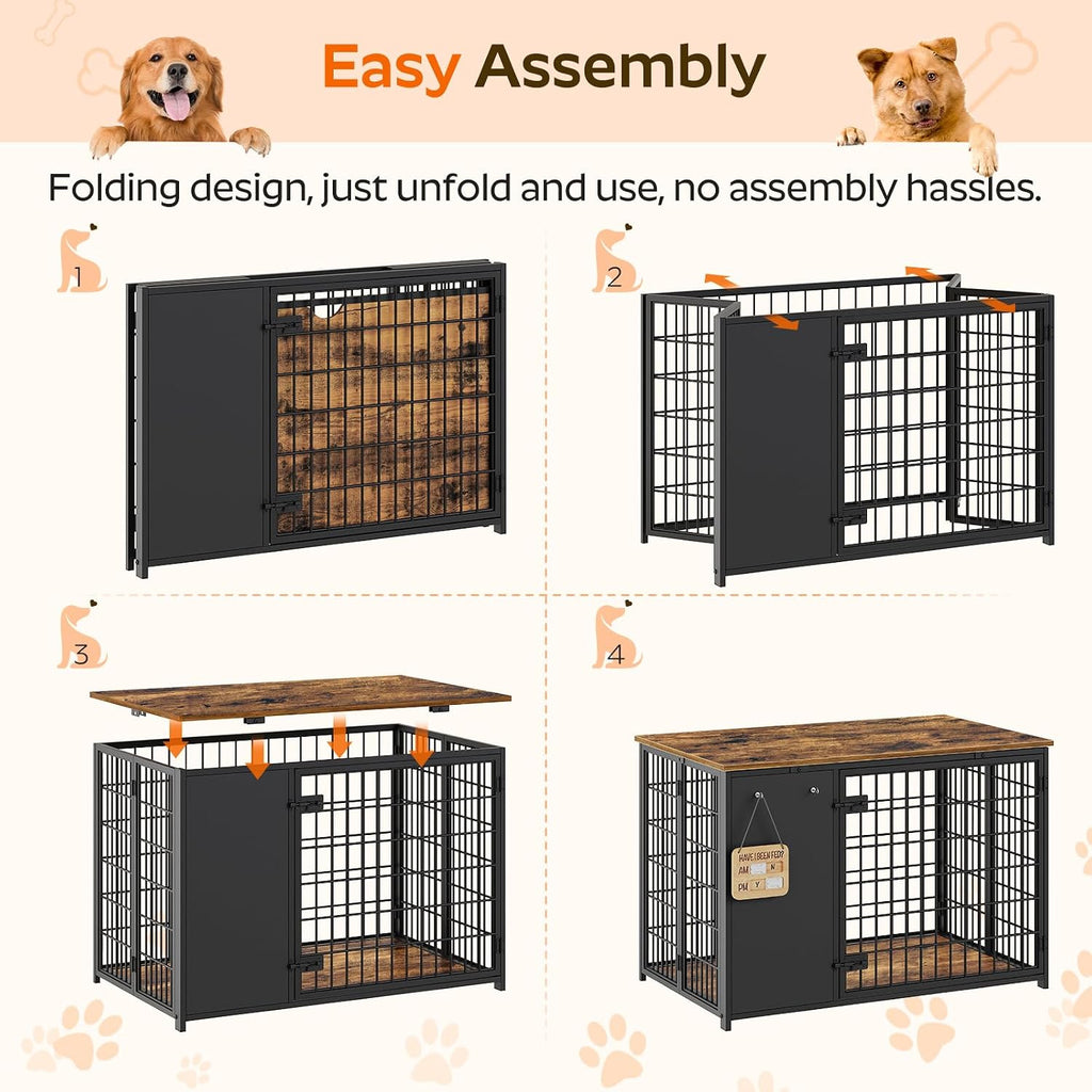 YATINEY Foldable Dog Crate Furniture, Dog Crate with DIY Frame, Heavy Duty Dog Kennel Indoor with Hooks, Wooden Dog Cage