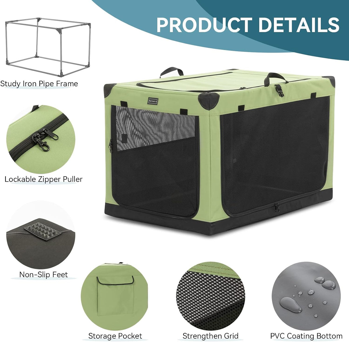 PETSFIT 30" Soft Portable Dog Crate – Patented Spiral Sturdy Frame, Collapsible Travel Kennel for Medium Dogs, 3 Mesh Do