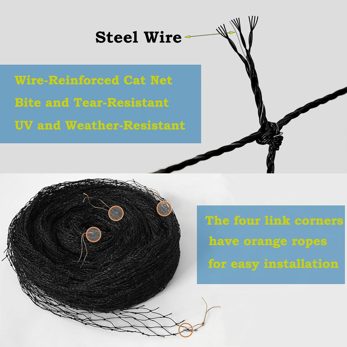 Wire-Reinforced Cat Netting, Bite Resistant, Anti-Fall for Windows Balcony