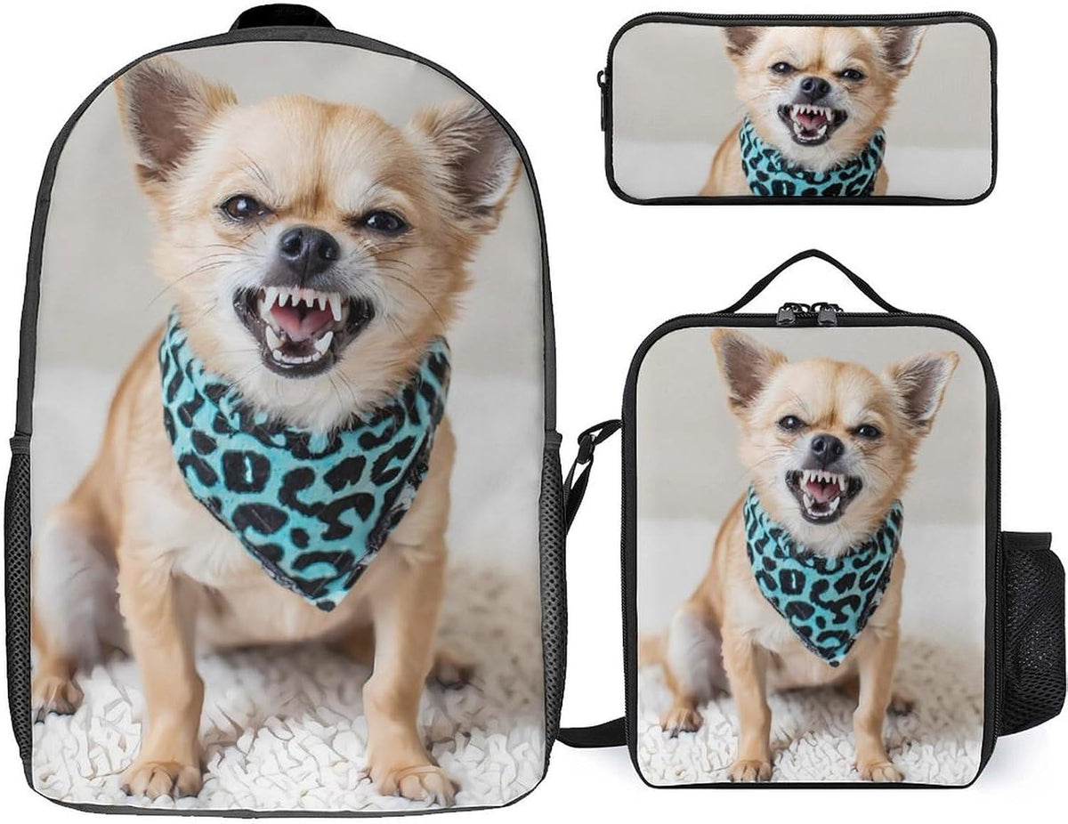 Angry Chihuahua Dog Travel Backpack Lunch Bag Set