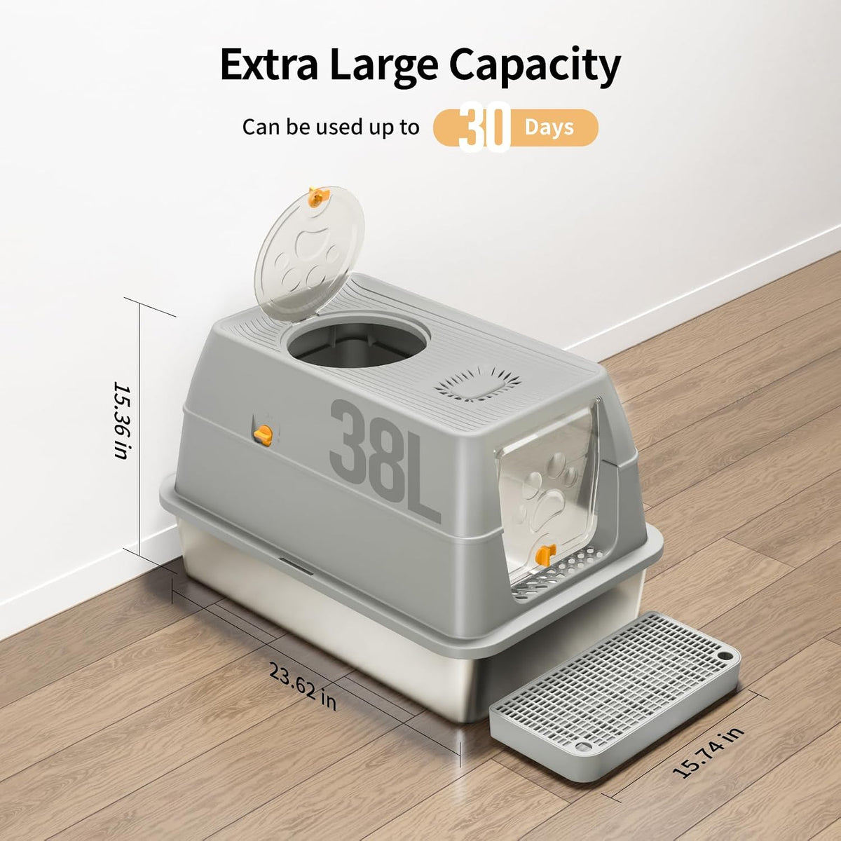 Stainless Steel Cat Litter Box with Removable Lid, XL Enclosed-Grey