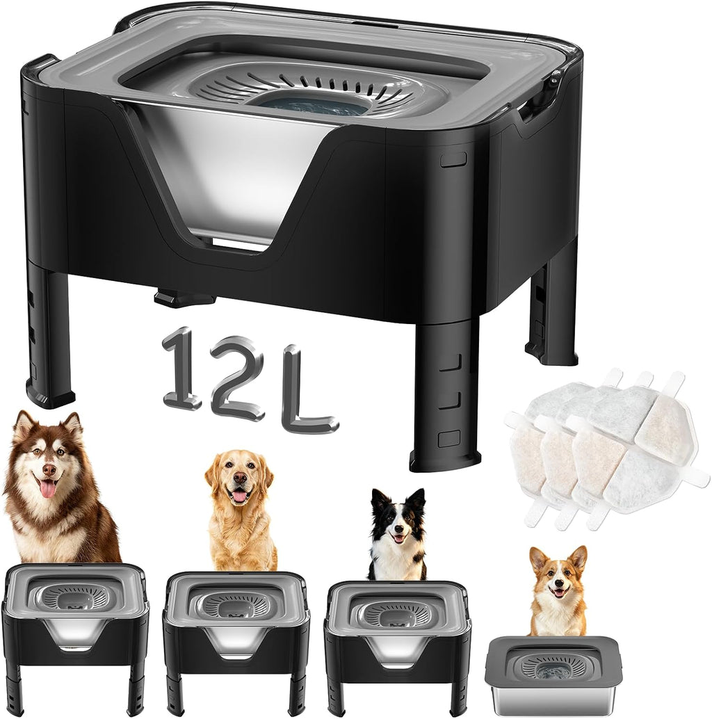 Elevated Dog Water Bowl 12L, 3.1Gal No Spill Water Bowl for Dogs with 4 Heights Adjustable Raised Dog Stand and 3 Filter