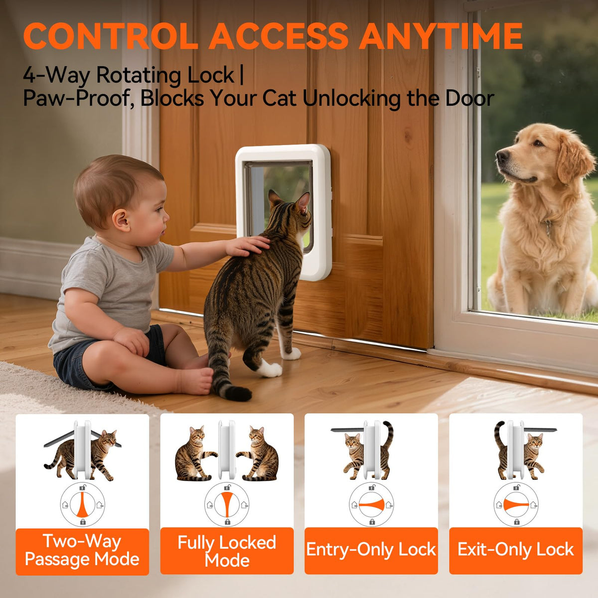 LIBBEPET Cat Door Interior Door, 4 Way Rotating Lock for Cats ≤18 lbs，Large
