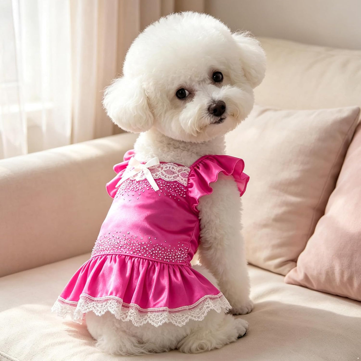 Yartina Fuchsia Pink Dog Dress for Small Female Dogs, Satin Lace Party Outfit Hot Pink Medium
