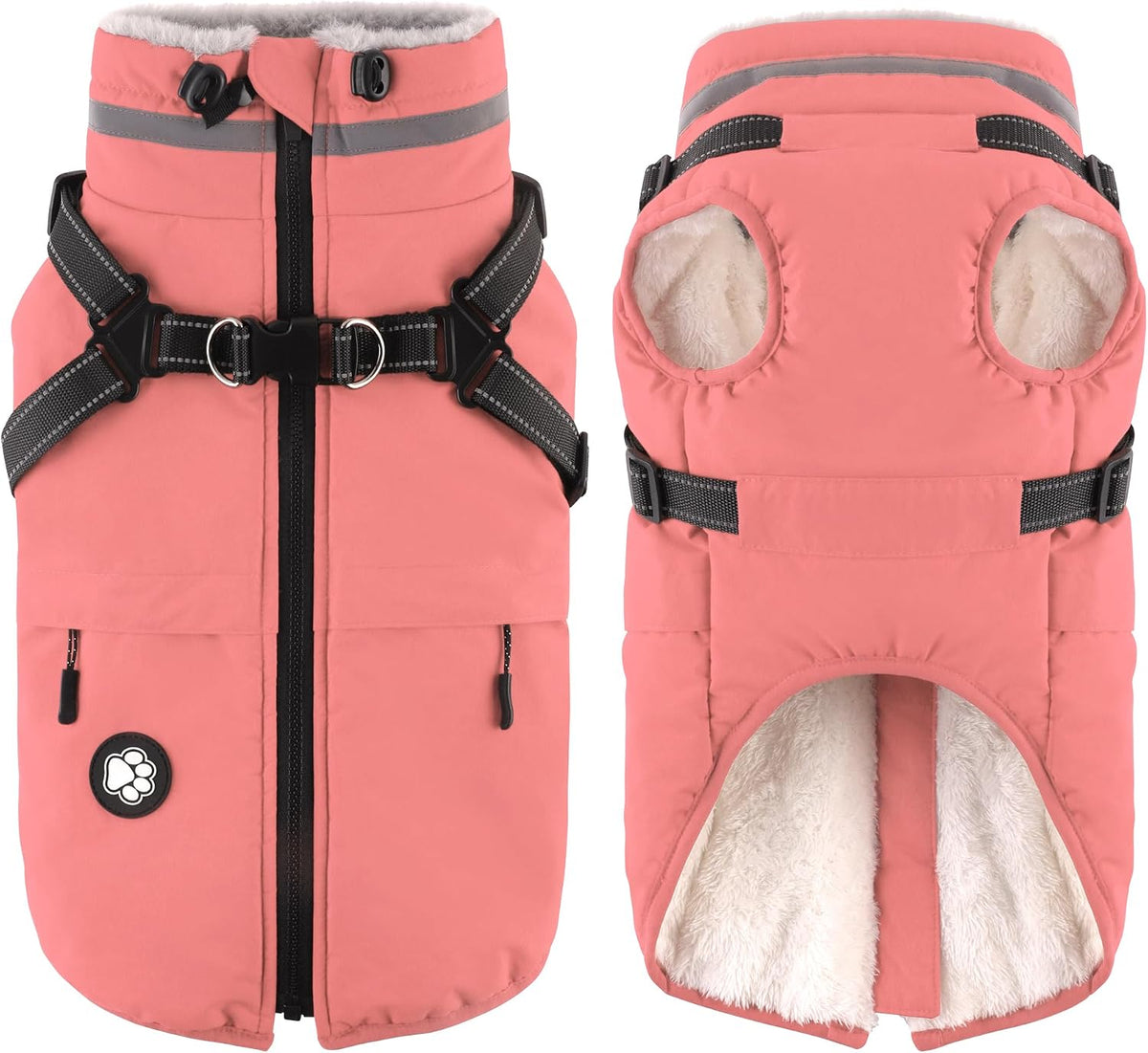 Dogcheer Dog Coat with Harness and Zipper, Waterproof Dog Fleece Jacket
