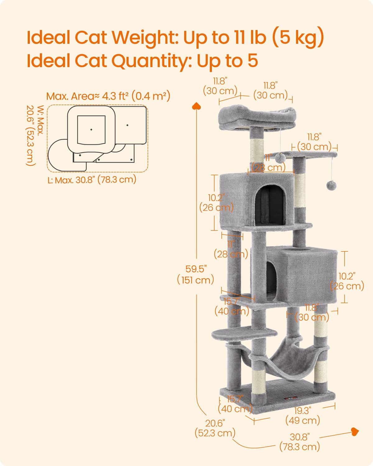 Feandrea Cat Tree, 59.5-Inch Tall Cat Tower, Multi-Level Condo, Light Gray
