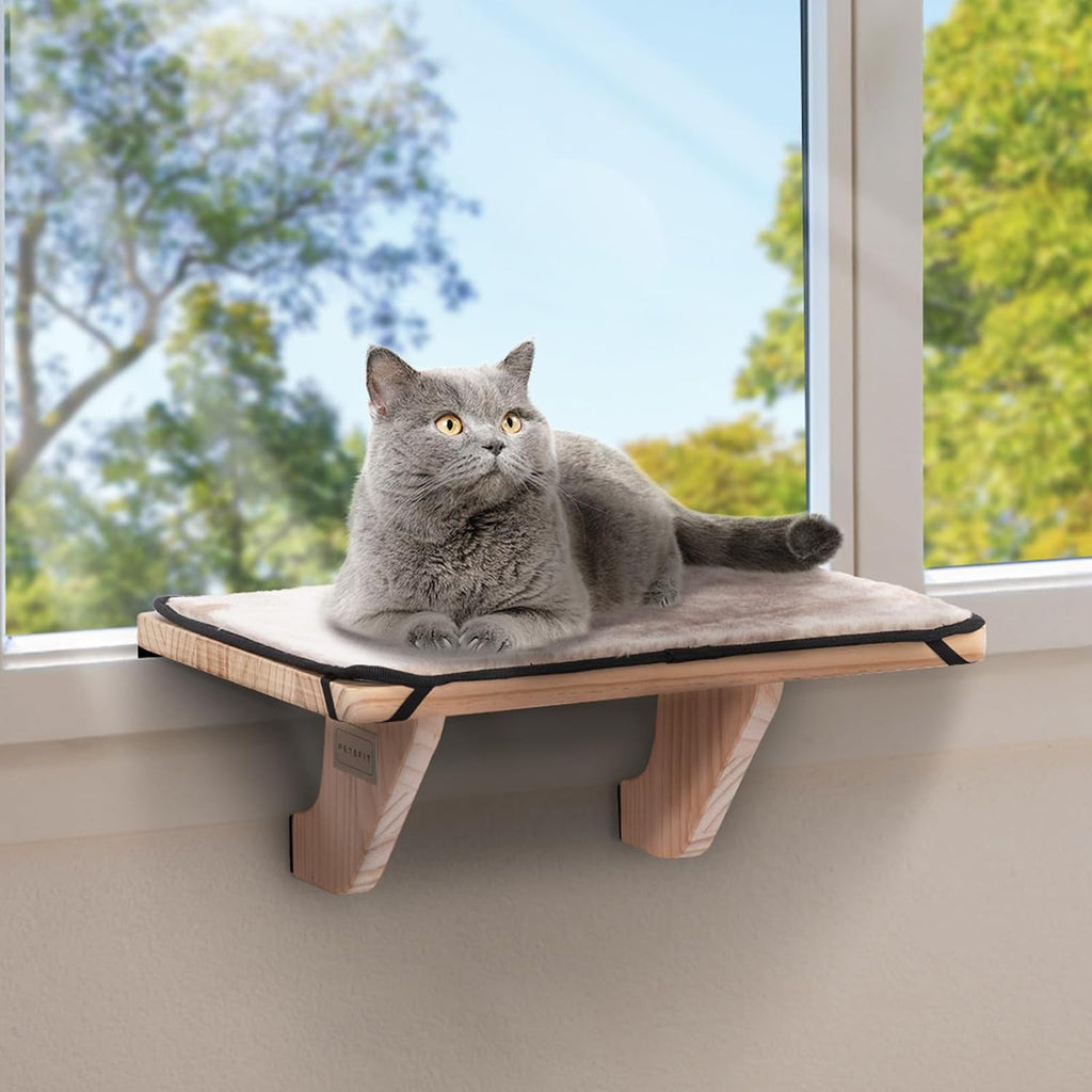 PETSFIT Cat Window Perch for 2 Cats, Adjustable, Solid Wood, Removable Mat