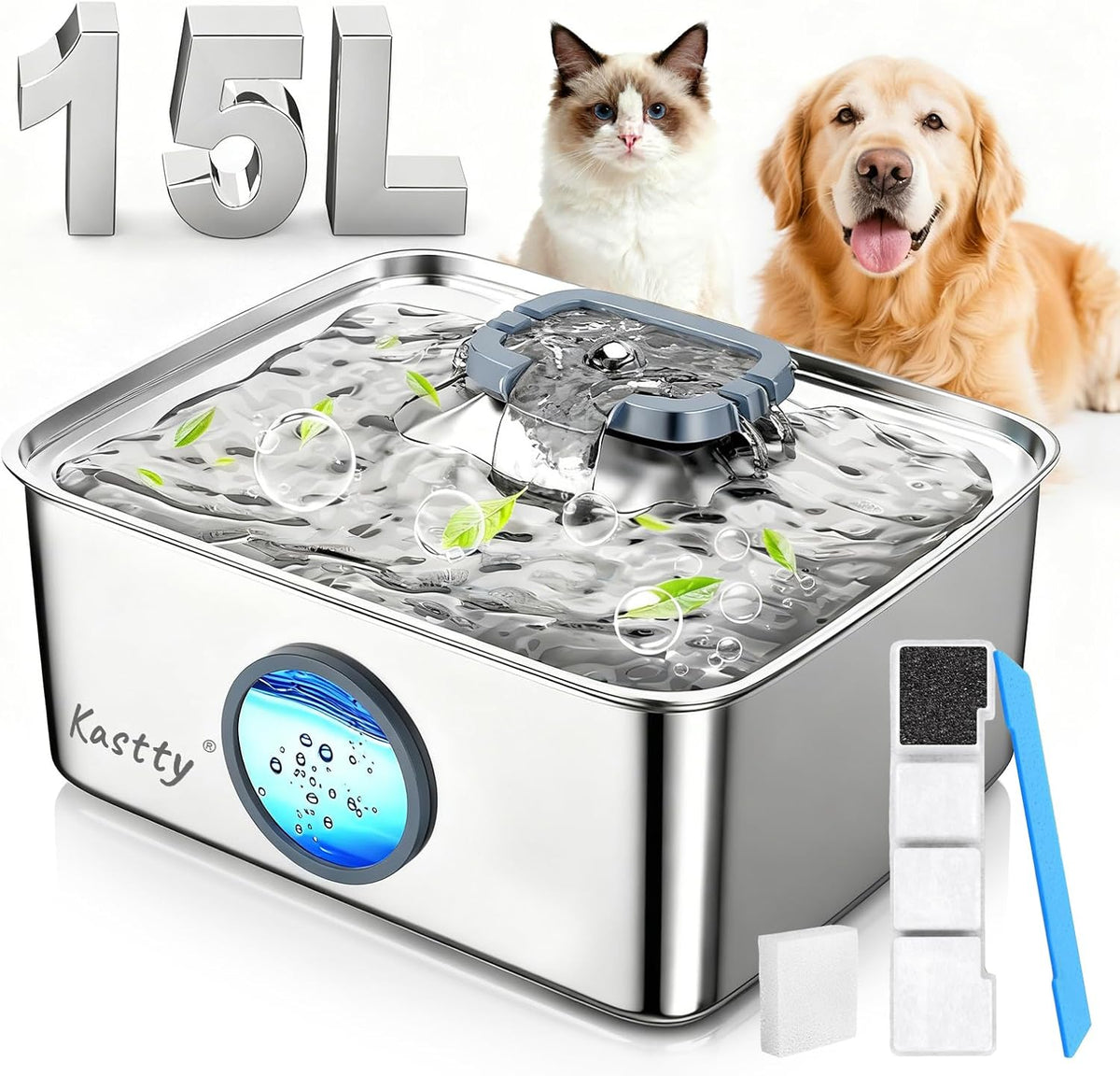 Kastty 4 Gal/15L Stainless Steel Dog Water Fountain for Large Dogs