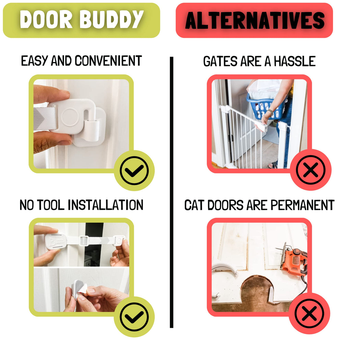 Door Buddy Pet Door Latch for Cats - Grey. Adjustable Cat Door Strap. Dog Proof Litter Box & Feeding Station Without Pet Gate. Most Customizable Cat Door Holder for Interior Door.