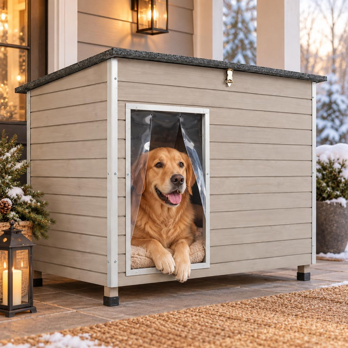 Dog House Outdoor with Reinforced Iron Frame Wooden Kennel